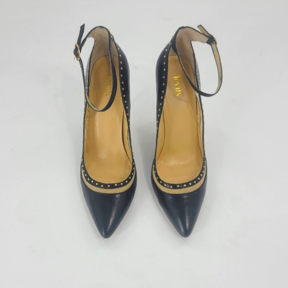 LEVITY BLACK AND SHEER LEATHER ANKLE STRAP PUMPS WITH GOLD STUDS..SIZE 8 - Picture 2 of 10